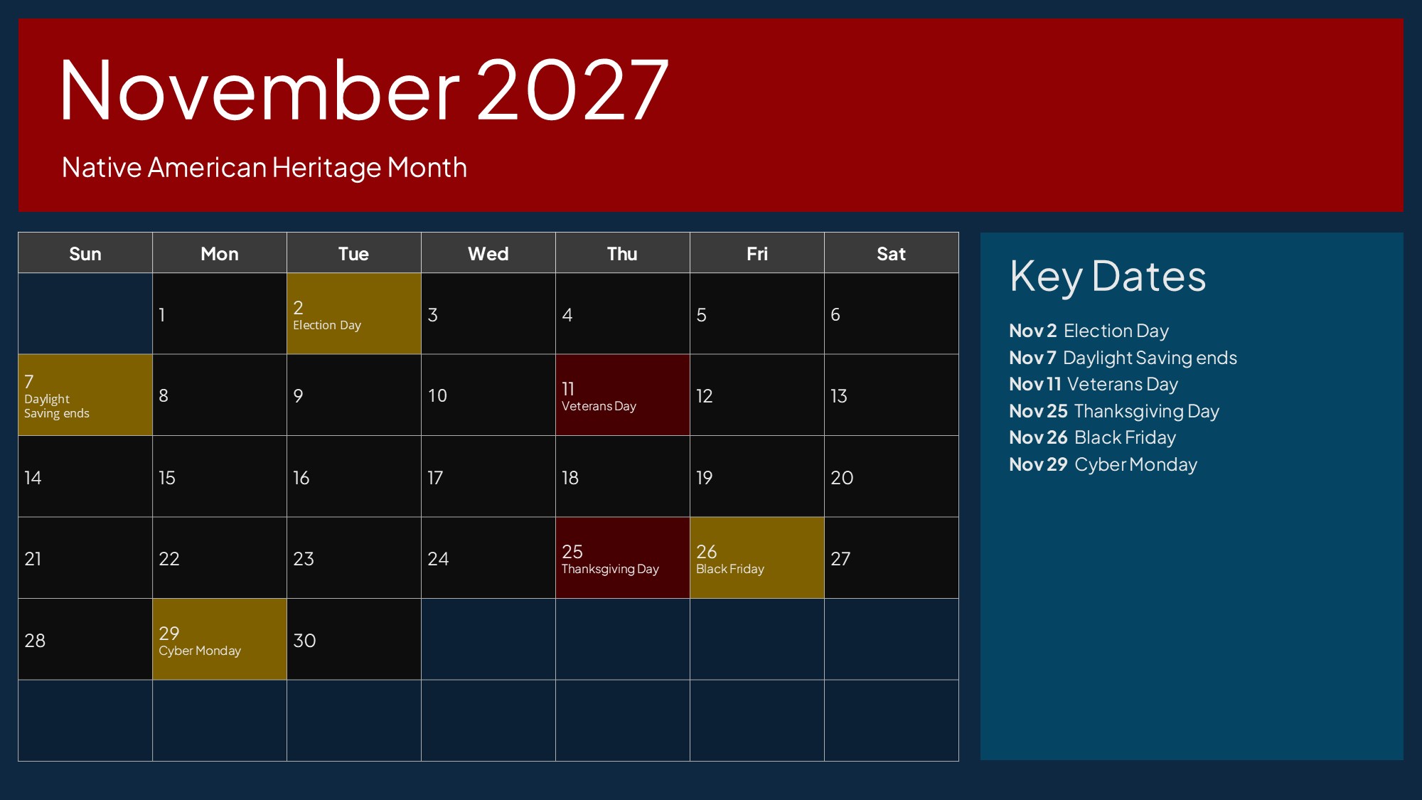 USA Calendar November 2027 - Thanksgiving, Veterans Day