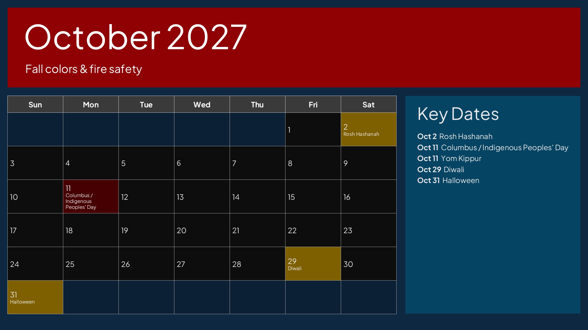 USA Calendar October 2027 - Indigenous Peoples' Day, Halloween
