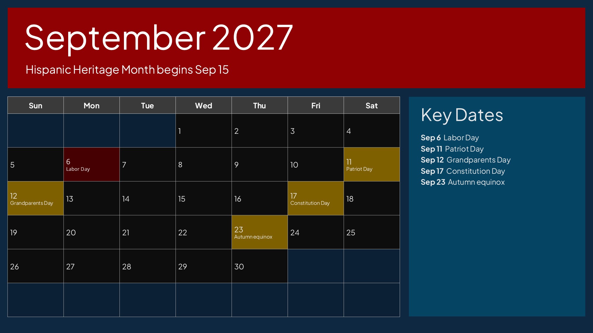 USA Calendar September 2027 - Hispanic Heritage Month, Labor Day